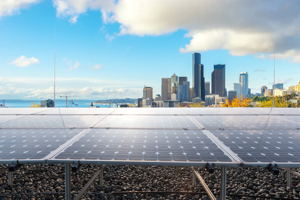 solar panel with cityscape of los angeles in cloud sky